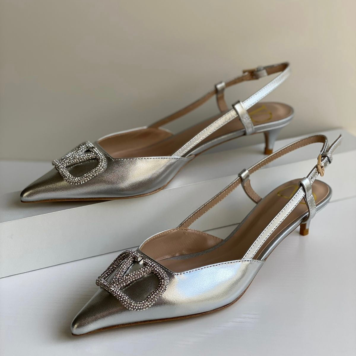 Valentino Garavani VLogo Crystal Slingback Kitten Shoes