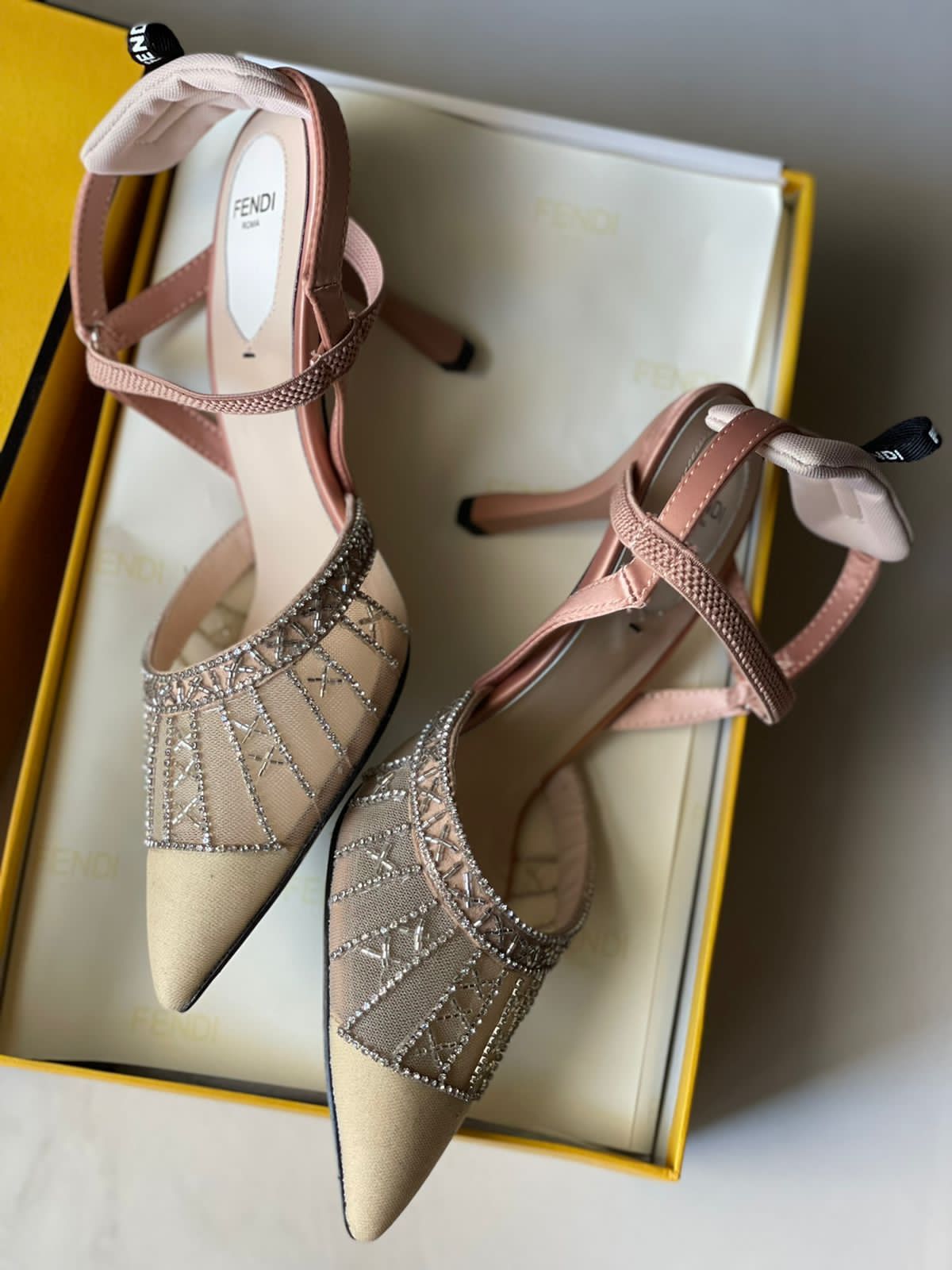 Fendi crystal embellished mesh slingback shoes