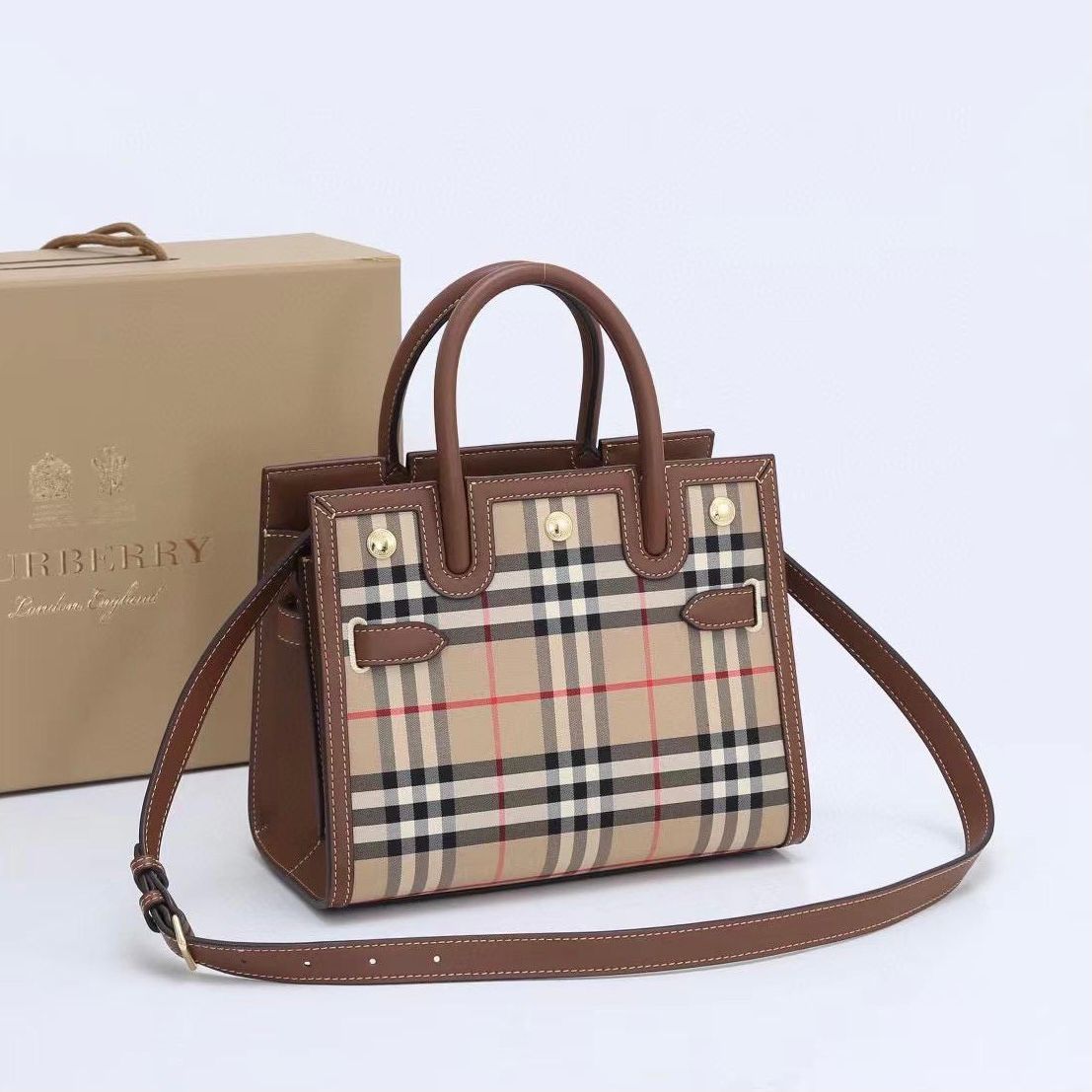 Burberry Mini Tote Leather and Vintage Check Bag - Image 3